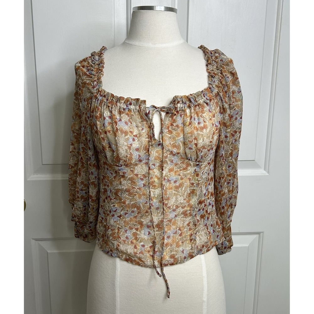 Sans Souci Crop Top Blouse Women's Small Butterflies 3/4 Sleeve Sheer MILK MAID